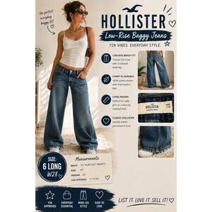 Hollister Low Rise Baggy Jeans Womens 6 Long W28 Medium Wash Wide Leg Y2K